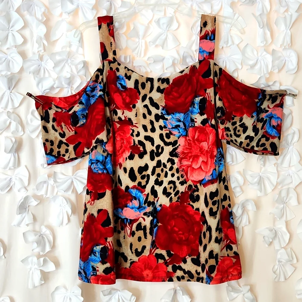 INC Leopard High Status. Cold Shoulder, Animal, Floral Print Top, L, XLa… - Picture 5 of 11